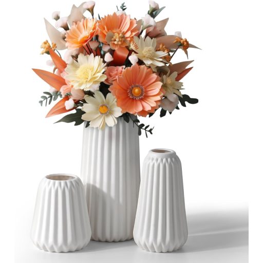 Winter Shore Fehér Kerámia Váza Szett (3 db) - Modern Bordázott Virágvázák Különböző Méretekben - Asztali Dekoráció Vidéki Stílusban