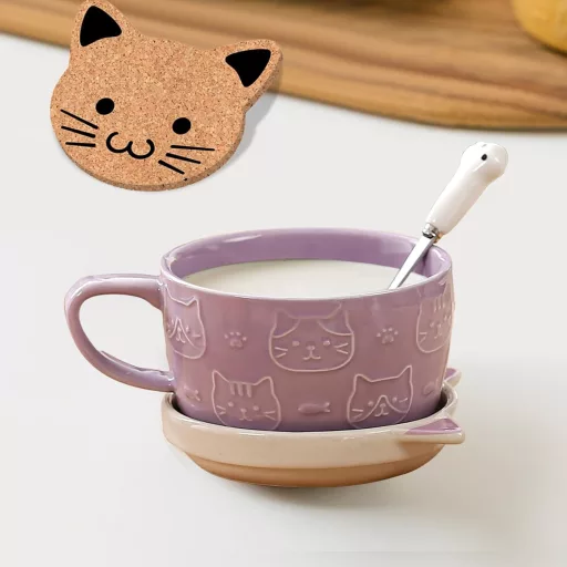 BigNoseDeer Aranyos Lila Macska Bögre Tetővel - Kawaii Kávéscsésze Macskamániásoknak