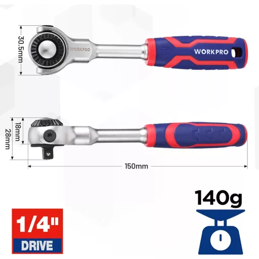 WORKPRO 1/4" Ráčňový kľúč s otočnou hlavou, 72 zubov, 270° nastaviteľná kĺbová hlava s rýchloupínaním