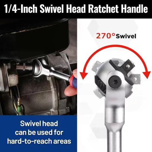 WORKPRO 1/4" Forgófejes Racsni 72 Fogas Csatlakozóval 270° Hajlítható Fej Gyorsoldással