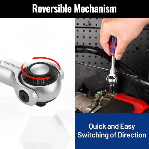 WORKPRO 1/4" Forgófejes Racsni 72 Fogas Csatlakozóval 270° Hajlítható Fej Gyorsoldással