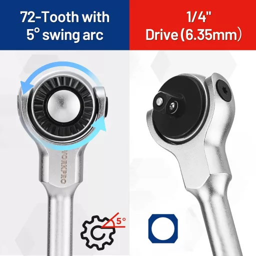 WORKPRO 1/4" Forgófejes Racsni 72 Fogas Csatlakozóval 270° Hajlítható Fej Gyorsoldással