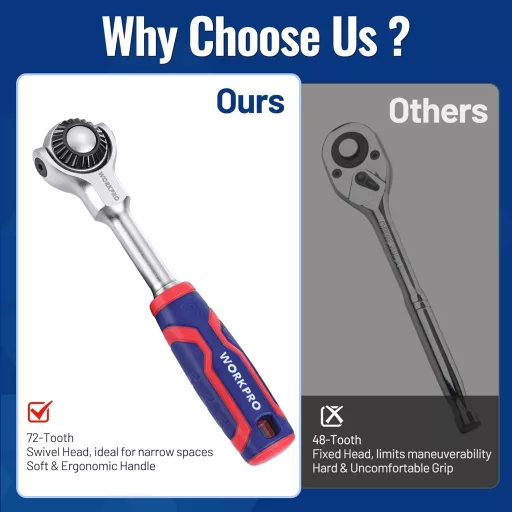 WORKPRO 1/4" Forgófejes Racsni 72 Fogas Csatlakozóval 270° Hajlítható Fej Gyorsoldással