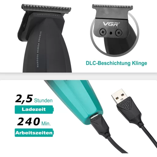 VGR 906 Professzionális Hajvágó, 9000 RPM T-Pengés Vezeték Nélküli Szakállvágó, 240 Perces Üzemidő, USB Tölthető, Zöld