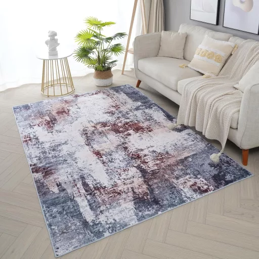 Xfrog Moderný Abstraktný Umývateľný Koberec do Obývačky a Spálne - S krátkym Vlasom, Protišmykový, Červeno-Sivá Zmes Vlny, 160 x 230 cm