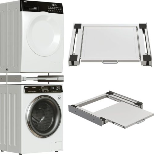 lesolar 24 Colos Univerzális Összekötő Keret Mosógép és Szárító Közé - 61x55 cm Kihúzható Acéllemez Polccal, Rögzítőpánttal