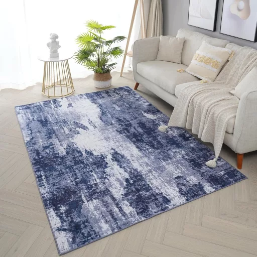 Xfrog Modern Absztrakt Mosható Szőnyeg Nappaliba és Hálószobába - Rövid Szálú, Csúszásgátlós, Hipoallergén - Tengerészkék-Szürke, 120x160 cm