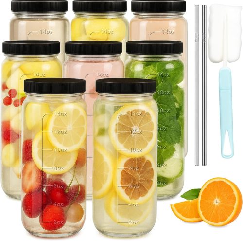 OAMCEG 8 db 500 ml Üveg Palack Szett - Juice Üvegek PP Fedéllel és Szívószálakkal, Mosogatógépben Mosható, Hűtőben Tárolható, Smoothie-hoz é