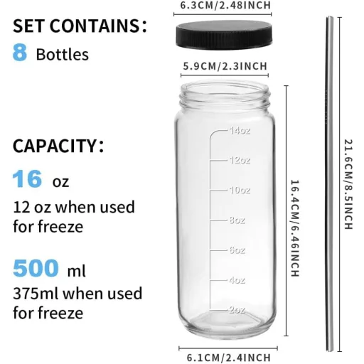 OAMCEG 8 db 500 ml Üveg Palack Szett - Juice Üvegek PP Fedéllel és Szívószálakkal, Mosogatógépben Mosható, Hűtőben Tárolható, Smoothie-hoz é