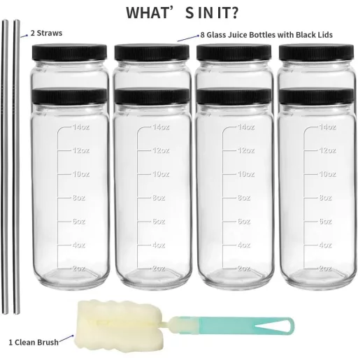 OAMCEG 8 db 500 ml Üveg Palack Szett - Juice Üvegek PP Fedéllel és Szívószálakkal, Mosogatógépben Mosható, Hűtőben Tárolható, Smoothie-hoz é