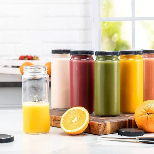 OAMCEG Set 8 Sticle de Sticlă de 500 ml - Sticle pentru Suc cu Capac PP și Paie, Lavabile în Mașina de Spălat Vase, Pot Fi Depozitate în Frigider, pentru Smoothie-uri
