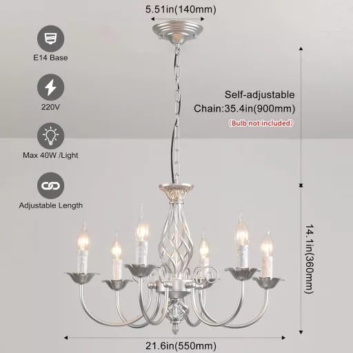 Candelabru vintage argintiu JIINOO cu 6 brațe, lampă suspendată reglabilă pe înălțime pentru bucătărie și living