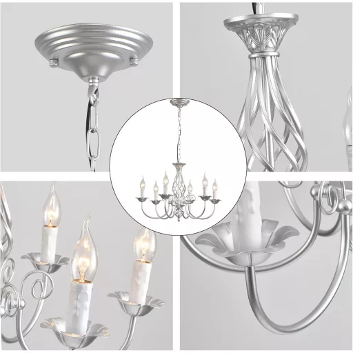 Candelabru vintage argintiu JIINOO cu 6 brațe, lampă suspendată reglabilă pe înălțime pentru bucătărie și living