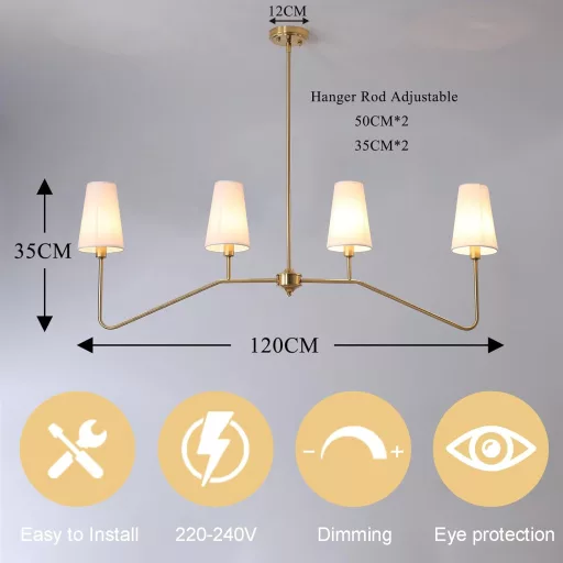 Pendul ZenithBeam 120 cm - 4 Becuri, Candelabru Metalic Auriu cu Abajur Alb din In, Soclu E14, pentru Iluminat deasupra Mesei și a Insulei de Bucătărie