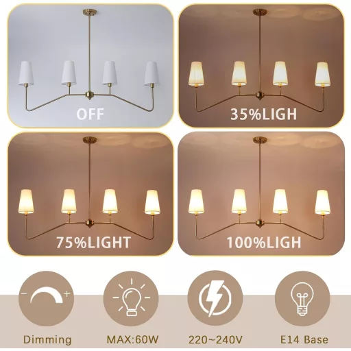 Pendul ZenithBeam 120 cm - 4 Becuri, Candelabru Metalic Auriu cu Abajur Alb din In, Soclu E14, pentru Iluminat deasupra Mesei și a Insulei de Bucătărie