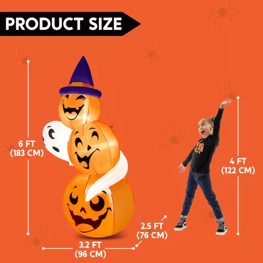 Nafukovacia halloweenska dekorácia Joiedomi 180 cm – Duch a tekvica s čarodejníckym klobúkom