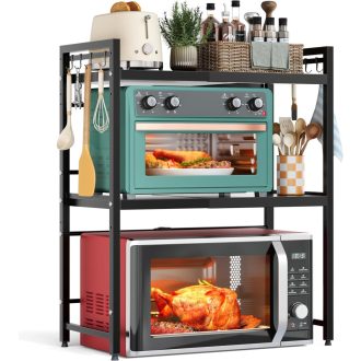   NETEL Expandable Mikrohullámú Sütő Polc 3 Szintes Fekete Konyhai Állvány Horogokkal
