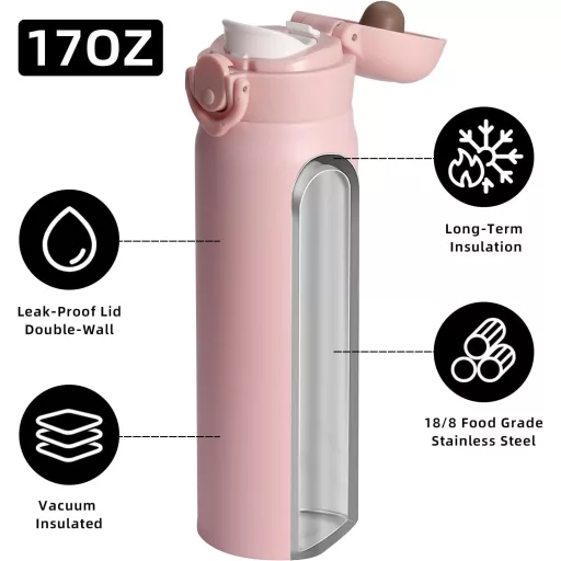 Olerd 500ml rozsdamentes acél termosz - hideg-meleg tartó, szorítható, sport és iskolai vízpalack rózsaszín