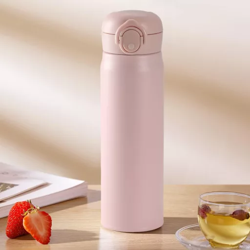 Nerezová termoska Olerd 500 ml – udrží nápoj teplý aj studený, stláčateľná, športová a školská fľaša na vodu, ružová