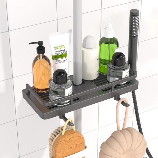 KeZaara Zuhanypult Fúrás Nélkül ABS Műanyag 2 Horgos Tartóval Sötétszürke