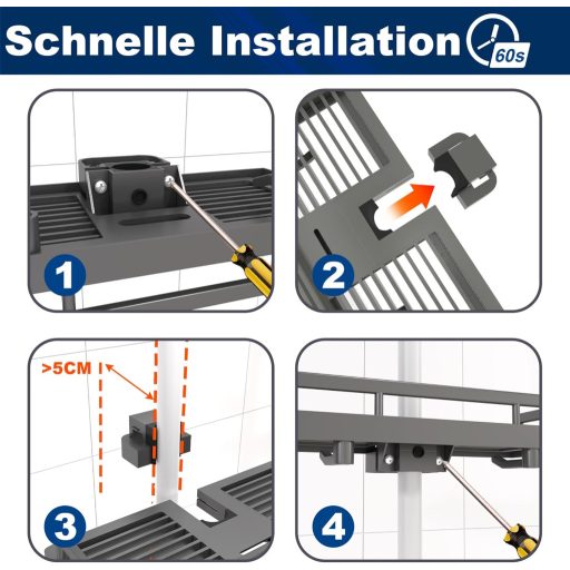 KeZaara Zuhanypult Fúrás Nélkül ABS Műanyag 2 Horgos Tartóval Sötétszürke