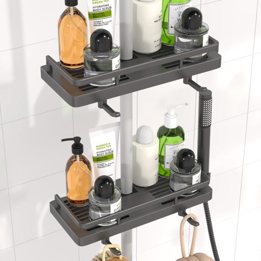 Suport duș KeZaara, fără găurire, ABS plastic, 2 cârlige, 2 bucăți, gri închis