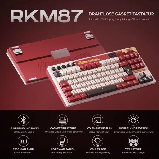 RK ROYAL KLUDGE M87 Mehanička Gaming Tipkovnica - 75% TKL, Bežična, S Zaslonom, Dvostrukim Gumbom, RGB, 7500 mAh, Hot-Swap Linear Crea