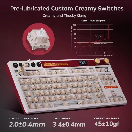 RK ROYAL KLUDGE M87 Mechanikus Gamer Billentyűzet - 75% TKL, Vezeték Nélküli, Kijelzővel, Dupla Gombbal, RGB, 7500 mAh, Hot-Swap Linear Crea