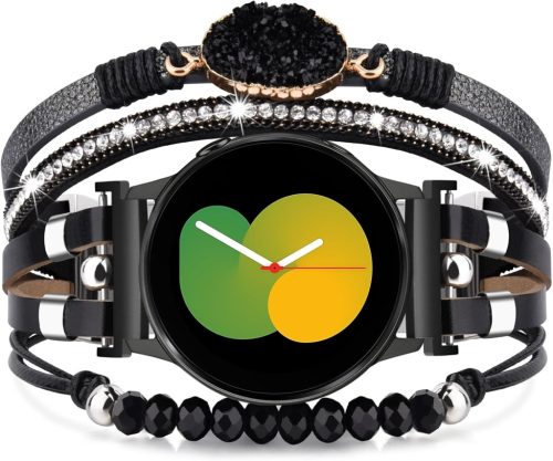 VISOOM Boho Bőr Karkötő Samsung Galaxy Watch 7/6/5/4 Órához - 20mm Gyöngyös Többrétegű Szíj 40-47mm Modellekhez, Fekete