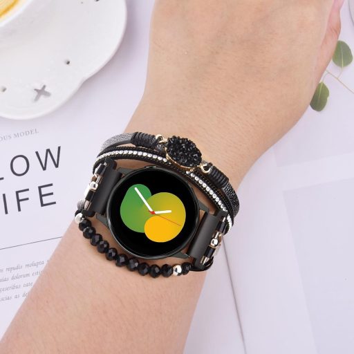 VISOOM Boho Kožený Náramok pre Hodinky Samsung Galaxy Watch 7/6/5/4 - 20mm Viacvrstvový Remienok s Korálkami pre Modely 40-47mm, Čierny