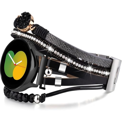 VISOOM Boho Kožený Náramok pre Hodinky Samsung Galaxy Watch 7/6/5/4 - 20mm Viacvrstvový Remienok s Korálkami pre Modely 40-47mm, Čierny