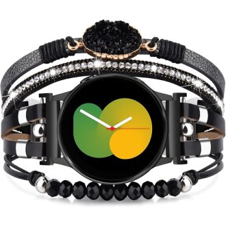   VISOOM Boho Kožený Náramok pre Hodinky Samsung Galaxy Watch 7/6/5/4 - 20mm Viacvrstvový Remienok s Korálkami pre Modely 40-47mm, Čierny
