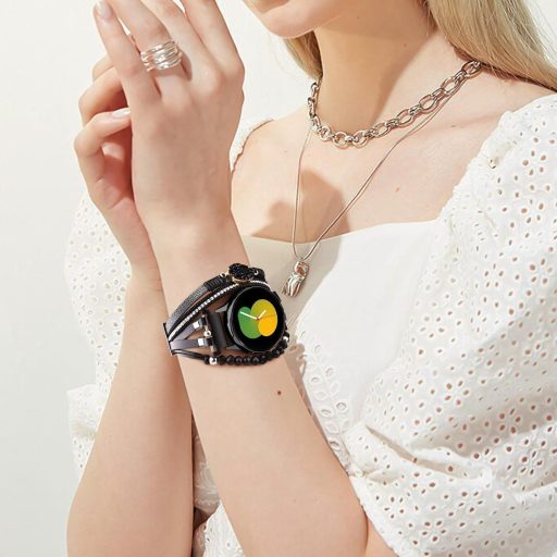 VISOOM Boho Kožený Náramok pre Hodinky Samsung Galaxy Watch 7/6/5/4 - 20mm Viacvrstvový Remienok s Korálkami pre Modely 40-47mm, Čierny