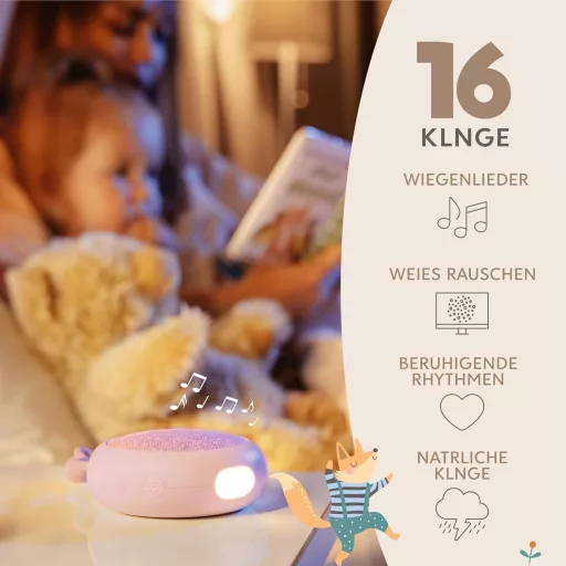 Sweety Fox Fehérzaj Készülék Babáknak - Rózsaszín Altatógép 15 Hanggal, USB Tölthető Éjszakai Fénnyel, Altató Dallamokkal