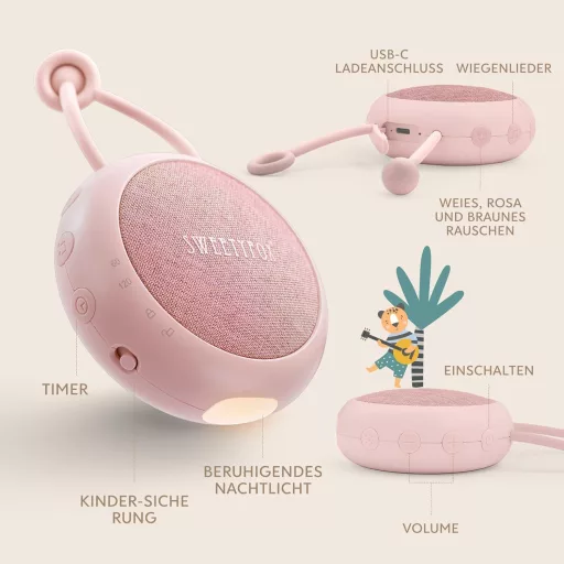 Sweety Fox Fehérzaj Készülék Babáknak - Rózsaszín Altatógép 15 Hanggal, USB Tölthető Éjszakai Fénnyel, Altató Dallamokkal