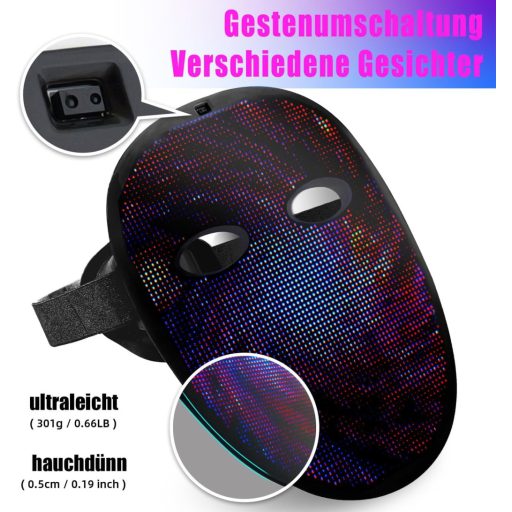 megoo LED maska s Bluetooth ovládaním gestami na karneval, Halloween a cosplay párty