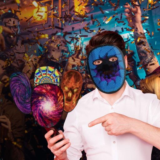megoo LED maska s Bluetooth ovládaním gestami na karneval, Halloween a cosplay párty