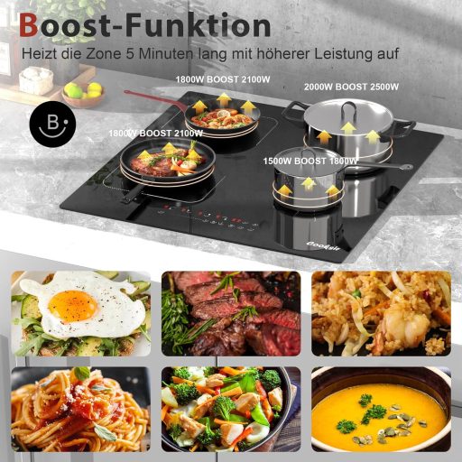 Cooksir 60 cm Indukcijska ploča za kuhanje s 4 zone - Fleksibilna kombinirana površina, 3500W snaga, staklokeramika, samostojeća ugradbena