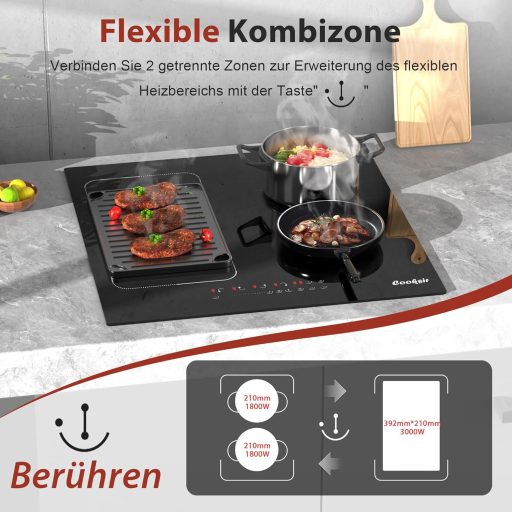 Cooksir 60 cm-es Indukciós Főzőlap 4 Zónával - Rugalmas Kombinált Felülettel, 3500W Teljesítmény, Üvegkerámia, Önálló Beépíthető