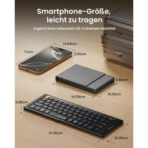 Skladacia kompaktná QWERTZ Bluetooth klávesnica ProtoArc XK04 s PU koženým puzdrom - Prenosná mini cestovná klaviatúra pre iPad iPhone Mac Android Wi
