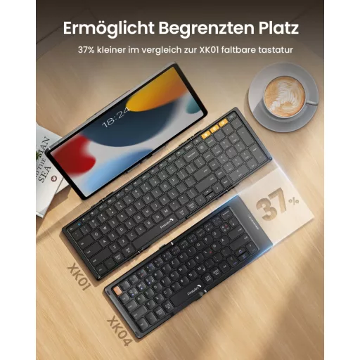 Skladacia kompaktná QWERTZ Bluetooth klávesnica ProtoArc XK04 s PU koženým puzdrom - Prenosná mini cestovná klaviatúra pre iPad iPhone Mac Android Wi