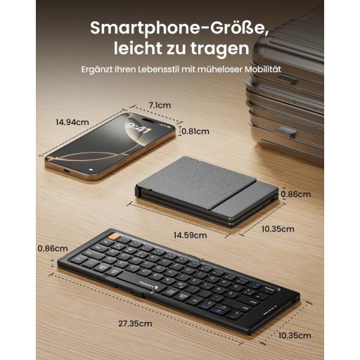 ProtoArc XK04 Összecsukható Kompakt QWERTZ Bluetooth Billentyűzet PU Bőrtokkal - Hordozható Mini Utazó Klaviatúra iPad iPhone Mac Android Wi