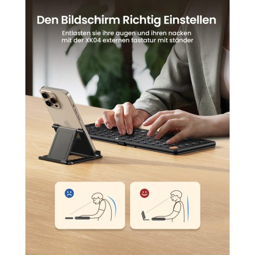 ProtoArc XK04 Sklopiva Kompaktna QWERTZ Bluetooth Tipkovnica s PU Kožnom Futrolom - Prijenosna Mini Putna Klavijatura iPad iPhone Mac Android Wi