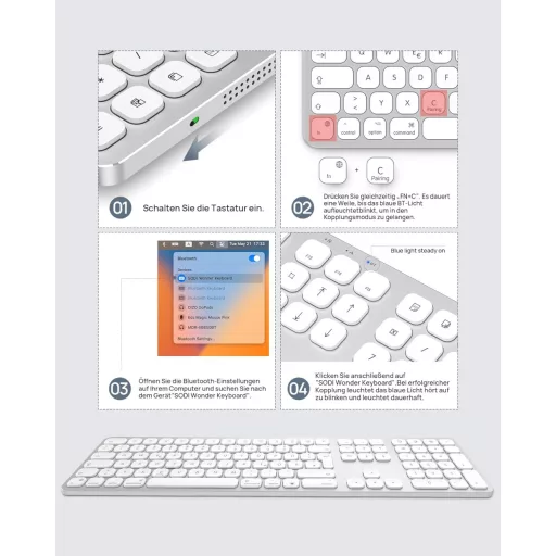 Tastatură wireless Bluetooth SODI pentru Mac/iPad/iPhone, aluminiu, reîncărcabilă, QWERTZ