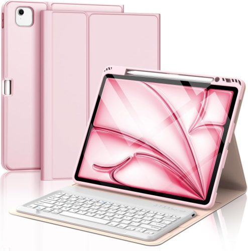 FOGARI iPad Air 13 M2/Pro 12.9 Billentyűzetes Tok - Mágneses Bluetooth Német Billentyűzet, Levehető, 3 Állítási Szög, 230 Óra Üzemidő, Rózsa