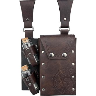   HiiFeuer Stredoveká alchymistická ľadvinka z umelej kože so 4 korkovými fľaštičkami na elixíry - Hnedá fantasy čarodejnícka kapsička na opasok pre LARP podujatia.