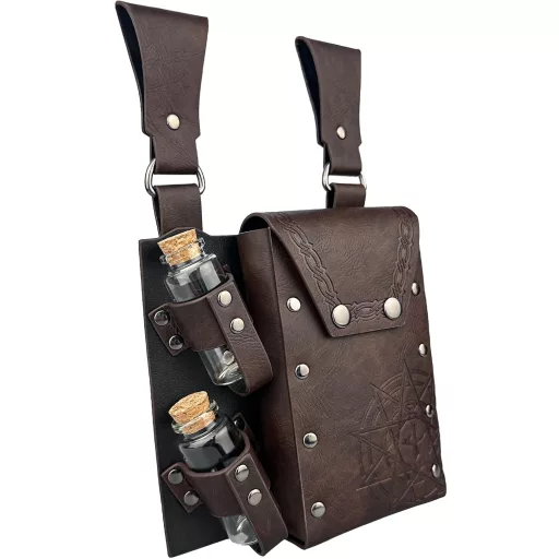 HiiFeuer Stredoveká alchymistická ľadvinka z umelej kože so 4 korkovými fľaštičkami na elixíry - Hnedá fantasy čarodejnícka kapsička na opasok pre LARP podujatia.