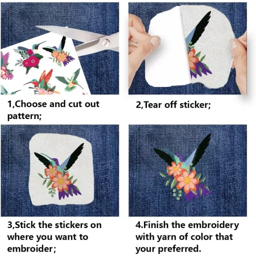 FREEBLOSS 35 db Vízben Oldódó Öntapadós Hímzőalátét - Kolibri és Virág Mintákkal Ruhák Díszítéséhez, 21x29,7 cm