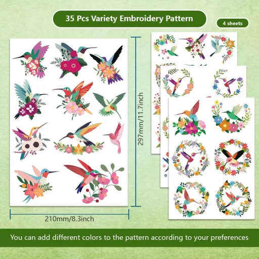 FREEBLOSS 35 buc. Stabilizator hidrosolubil autoadeziv pentru broderie - Modele Colibri și Flori pentru decorarea hainelor, 21x29,7 cm