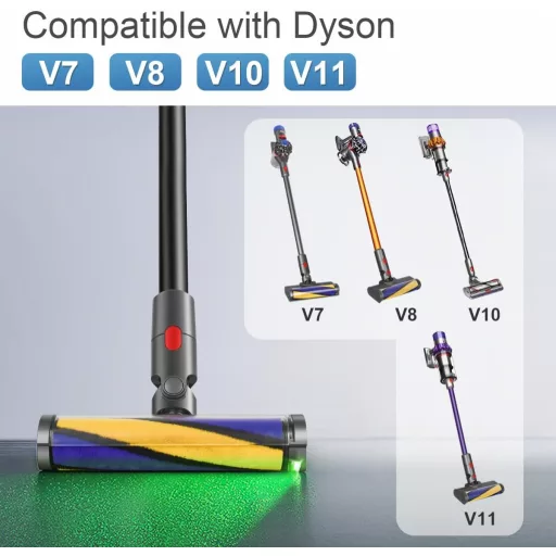 Cap de aspirator DrRobor cu LED și role moi pentru parchet, compatibil cu aspiratoarele Dyson V7, V8, V10, V11 - Cap de curățare lavabil pentru podele dure, rotativ la 180°